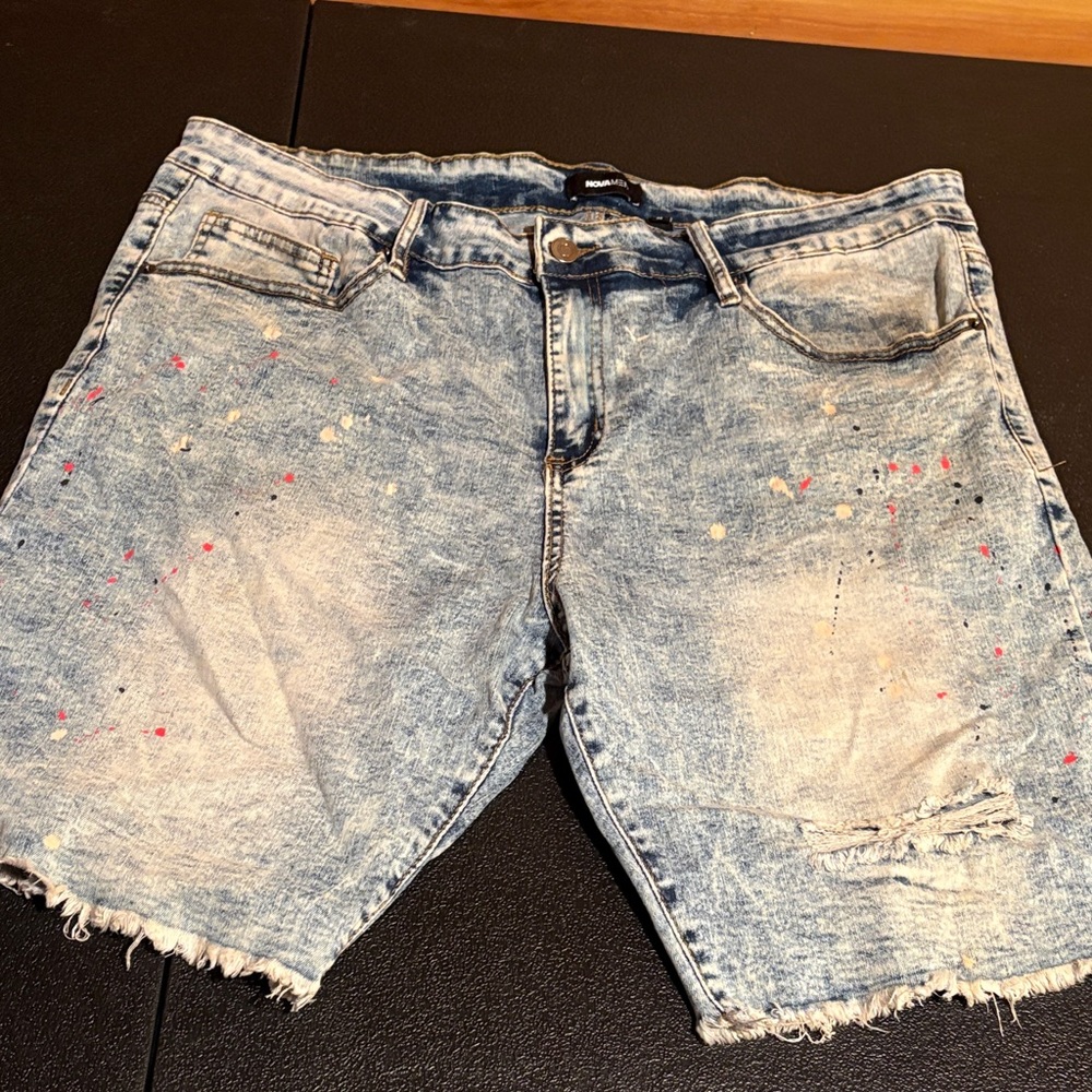 Distressed Denim Shorts with Paint Splatter